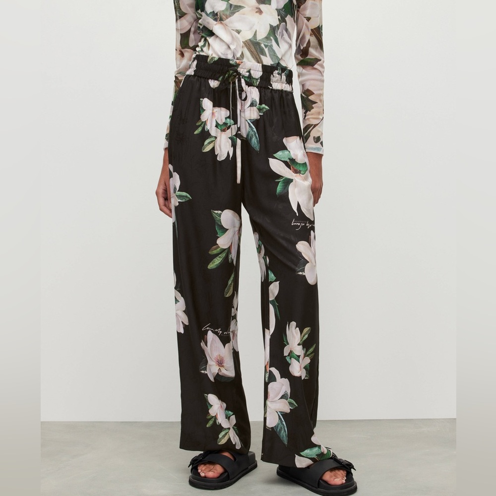 Allsaints Spring Silk Floral Lounge Tie Pant Kimono Straight Leg Trousers